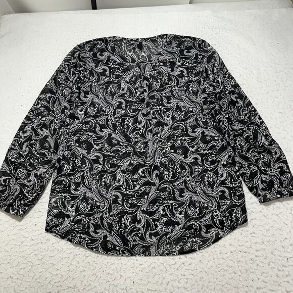GAP Women's Large Lightweight Sheer Button Up Sheer Blouse Black + White Paisley - Picture 9 of 12